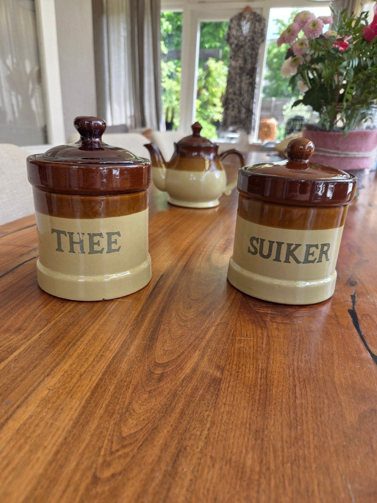 Vintage theepot en voorraadpotten (thee en suiker), Ophalen of Verzenden