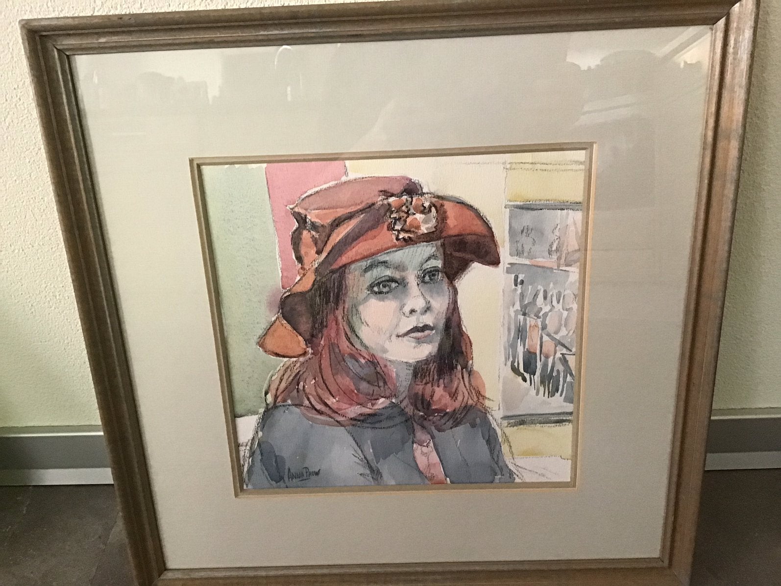 Aquarel - vrouw met rood haar en rode hoed - door Anna Pauw, Antiek en Kunst, Kunst | Schilderijen | Klassiek, Ophalen of Verzenden