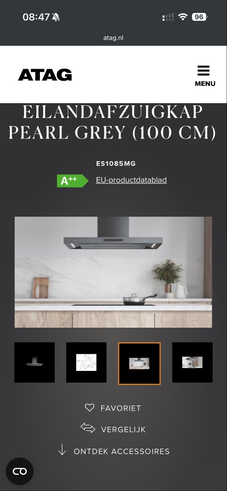 ATAG Eilandafzuigkap Pearl Grey (100 CM) ES1085MG, Ophalen, Zo goed als nieuw, Vrijstaand, Eilandschouwkap