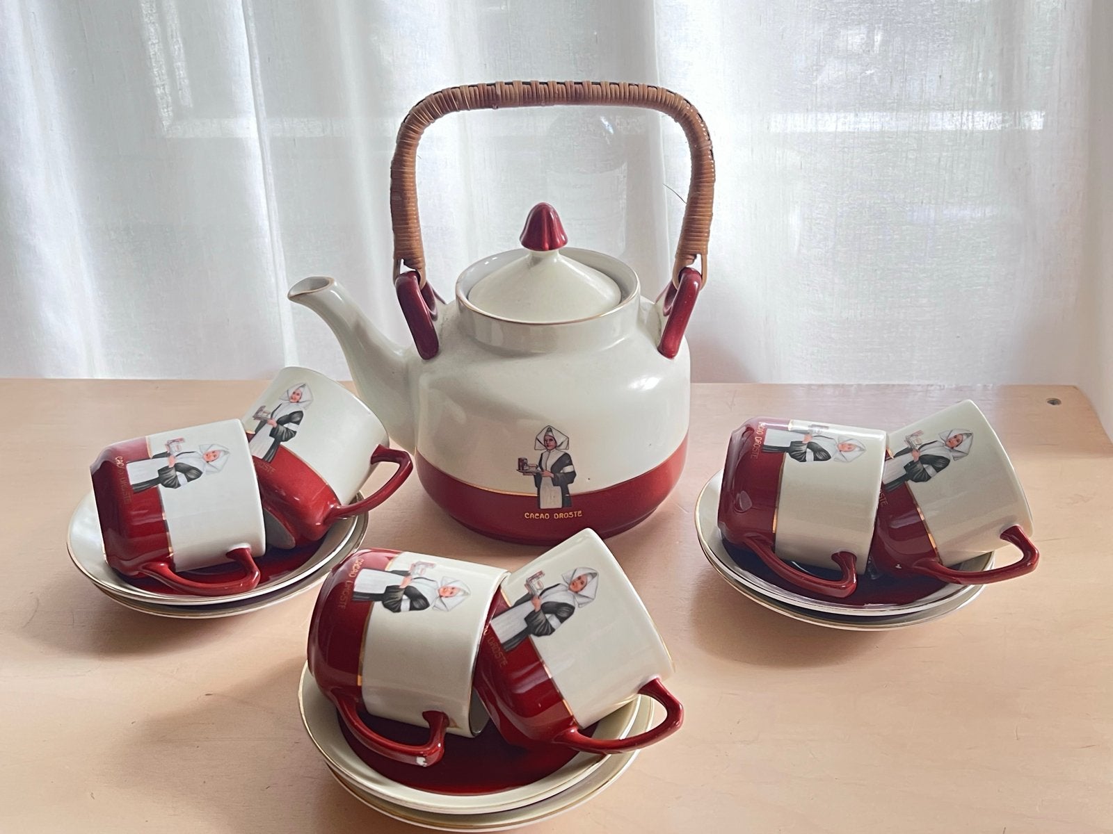 Vintage Cacao Droste theeservies met 6 kopjes en schotels, Ophalen of Verzenden