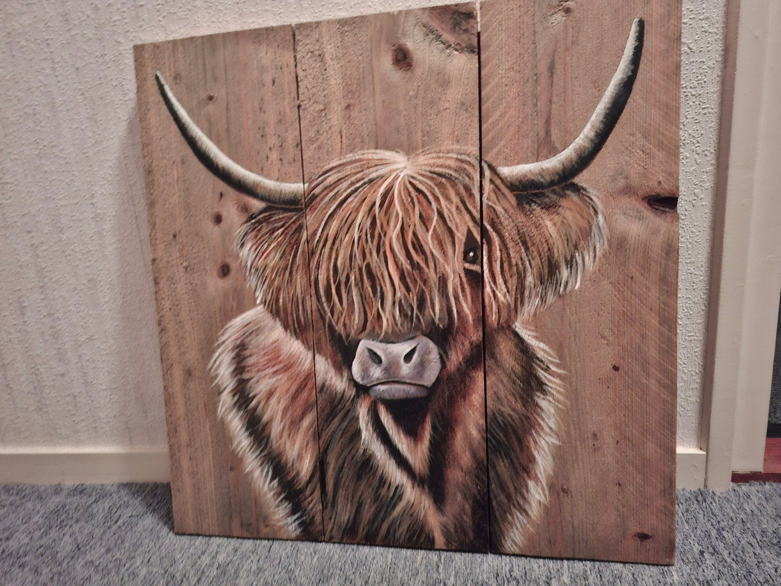 Schilderij Schotse Hooglander op steigerhout, Ophalen of Verzenden
