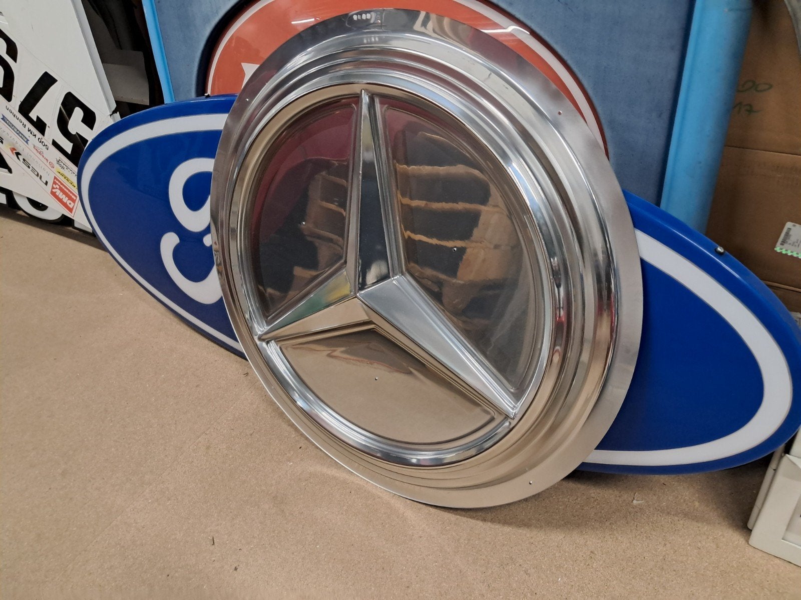 Originele Mercedes dealer Logo lichtbakplaat 83cm nieuwstaat, Ophalen, Reclamebord, Eu, Gebruikt