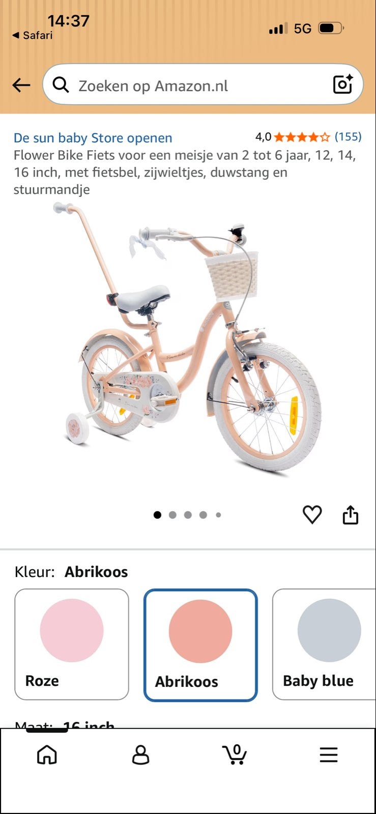 Sun Baby Flower Bike 16 inch met hulpstang, Fietsen en Brommers, Fietsen | Kinderfietsjes, Ophalen, Zijwieltjes, Velgrem, 16 tot 20 inch
