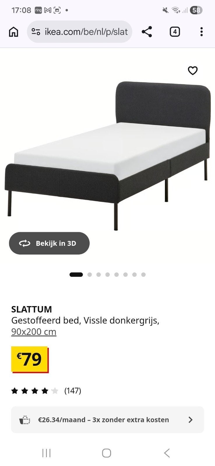 IKEA SLATTUM Eenpersoonsbed - Donkergrijs, 90x200 cm, Gebruikt, 90 cm, Eenpersoons, Ophalen of Verzenden