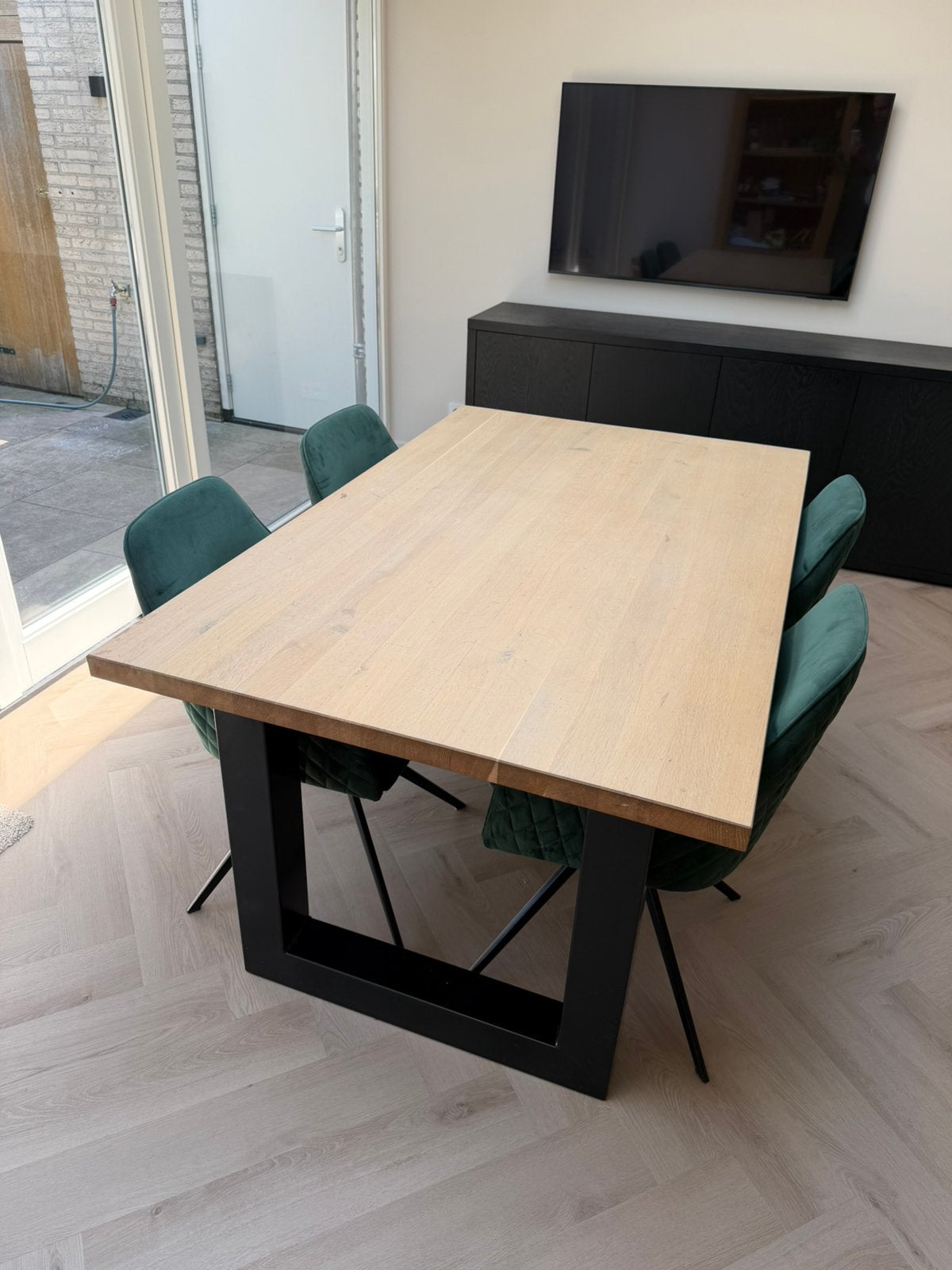 Eiken eettafel stalen poot, Huis en Inrichting, Ophalen, Rechthoekig, 200 cm of meer, 50 tot 100 cm