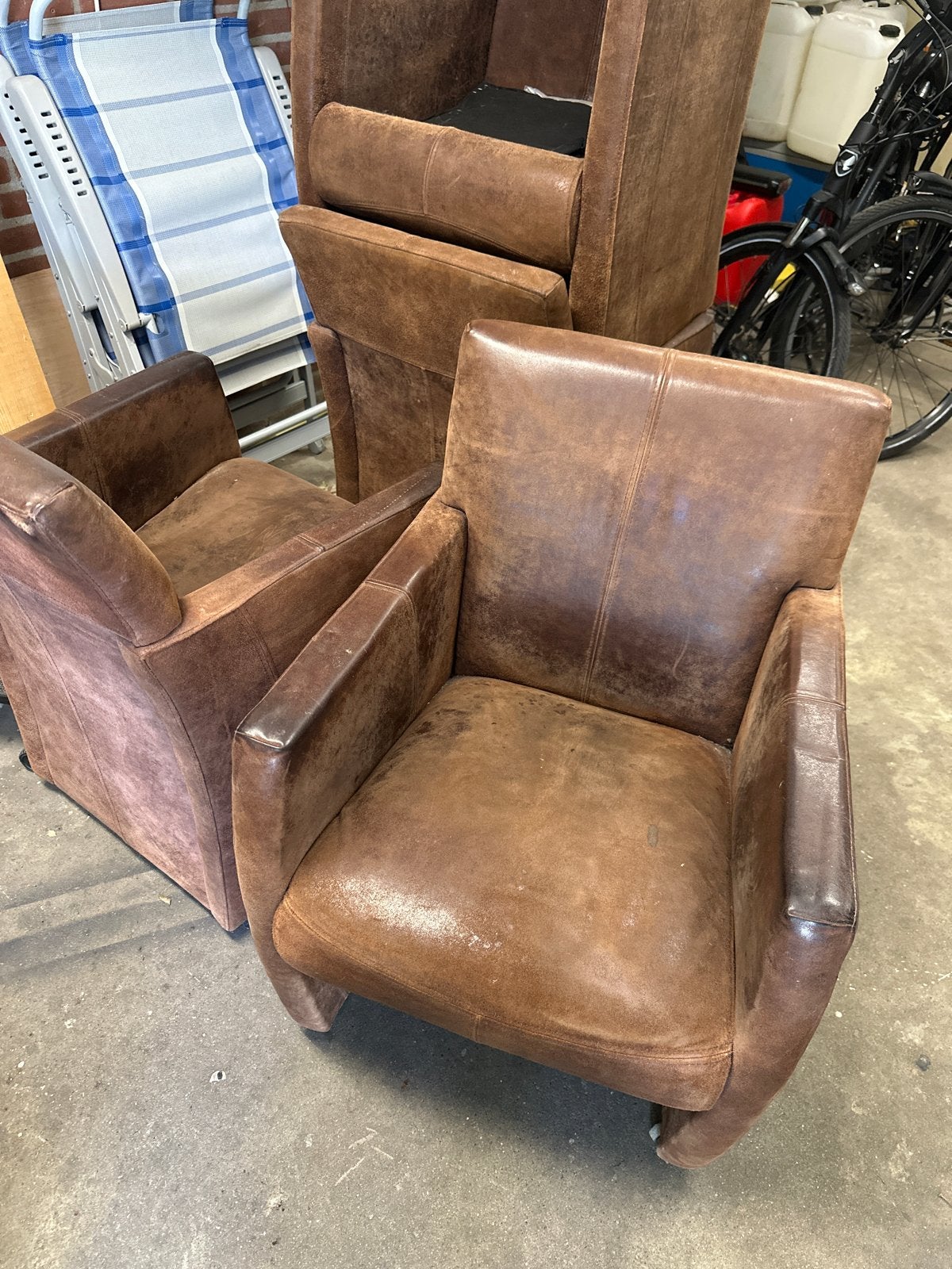 4 x Leren fauteuils bruin robuust., Ophalen, Gebruikt, Leer, 75 tot 100 cm