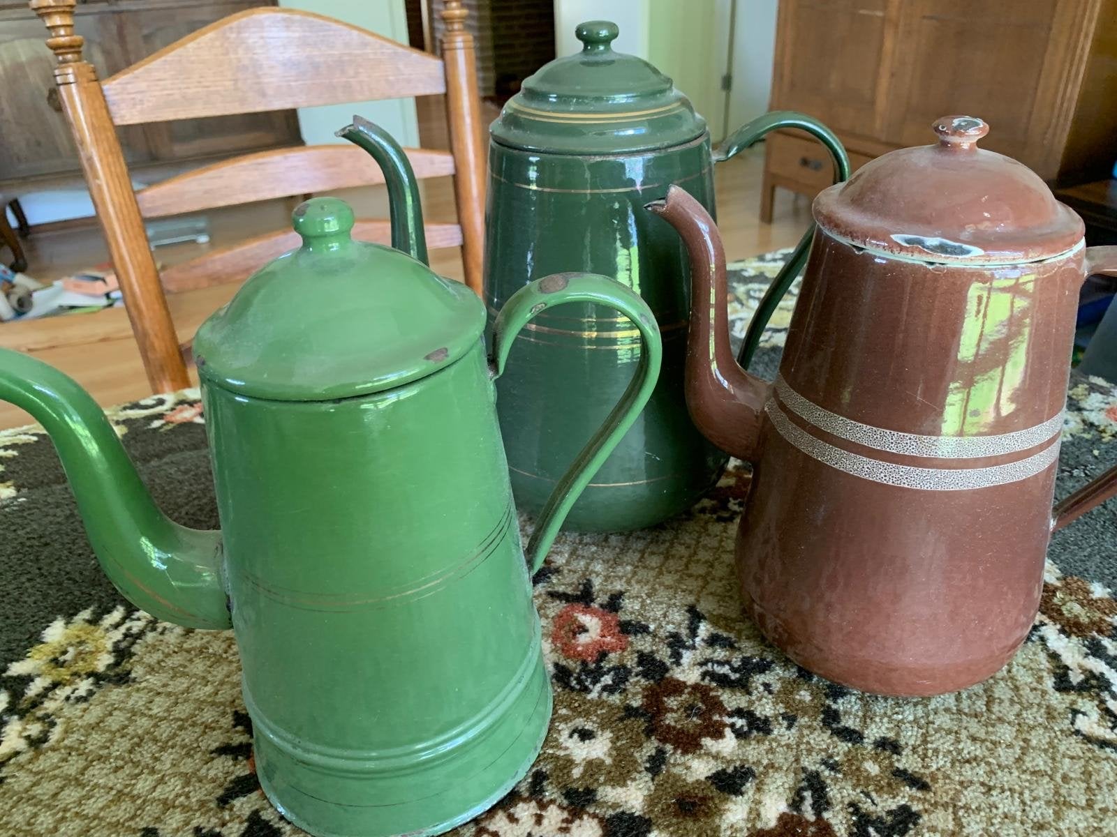 Vintage geëmailleerde koffiepotten - set van 3, Antiek en Kunst, Antiek | Emaille, Ophalen