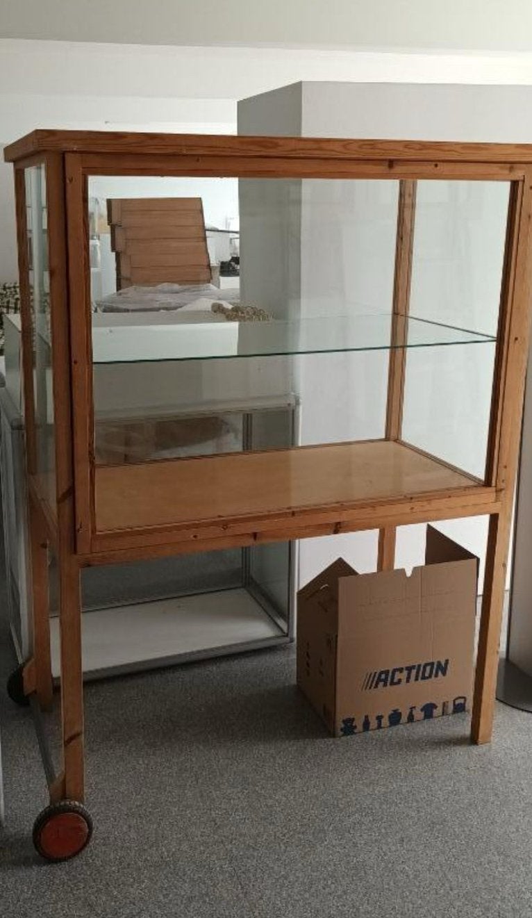 Vintrine kast hout glas, Ophalen, Met plank(en), 100 tot 150 cm, Vintage