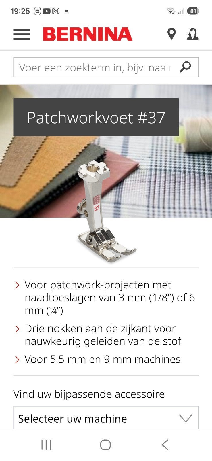 Bernina Patchworkvoet #37 - Naaimachine Accessoire, Ophalen of Verzenden, Nieuw, Overige typen