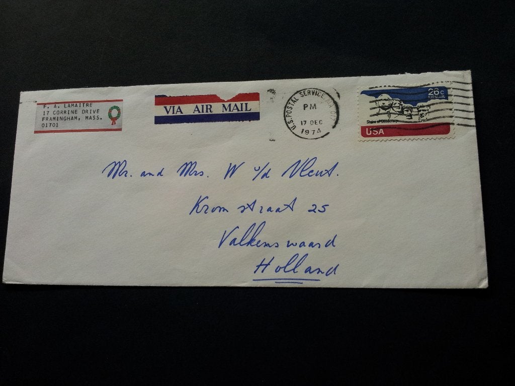Amerika envelop luchtpost 1974 met luchtpoststrookje gestem, Ophalen of Verzenden, Envelop