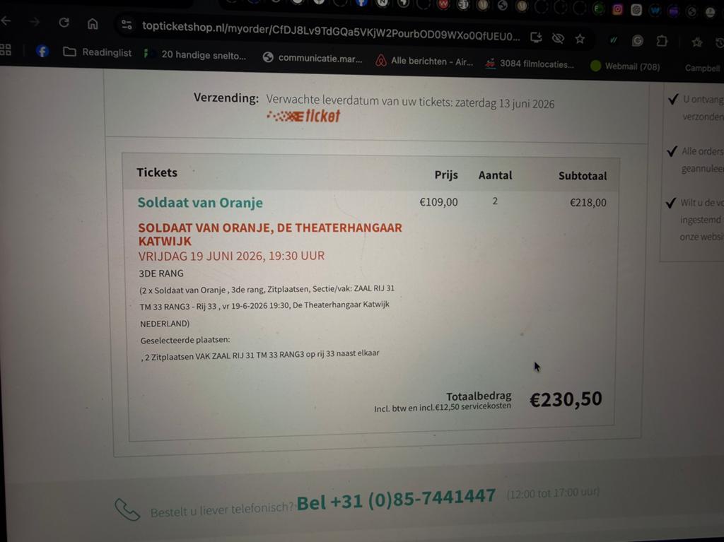 2x Soldaat van Oranje 19 juni, Tickets en Kaartjes, Twee personen, Juni, Toneel