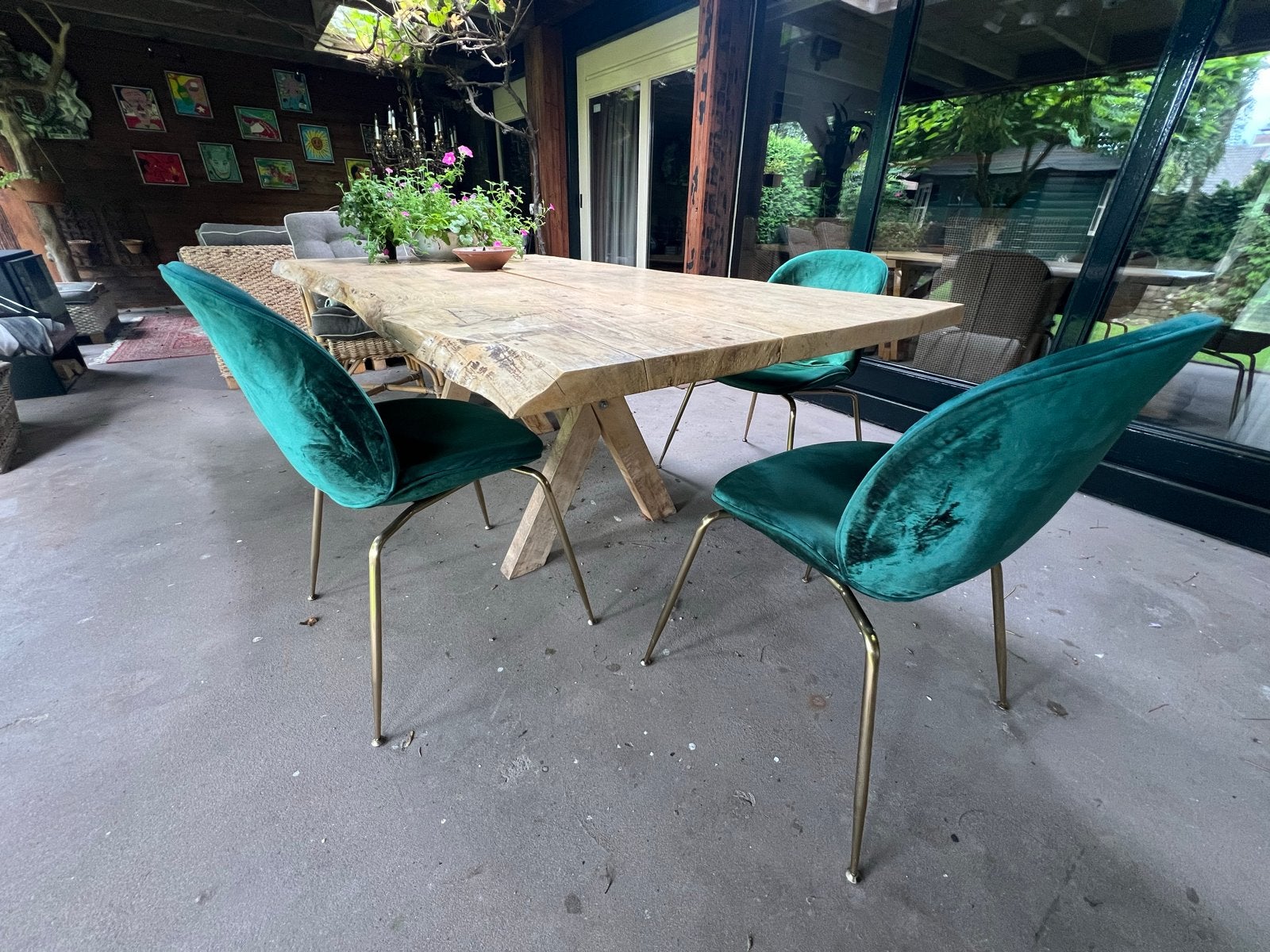 Set van 3 Groene Fluweel Stoelen met Gouden Poten, Gebruikt, Overige kleuren, Drie, Ophalen of Verzenden