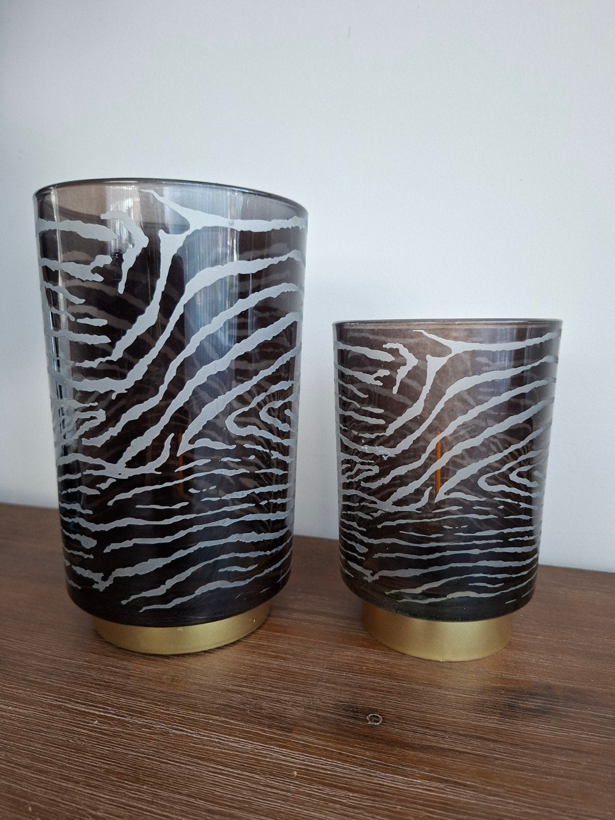 Set van 2 glazen light living windlichten met zebraprint, Zwart, Ophalen of Verzenden, Zo goed als nieuw, Modern