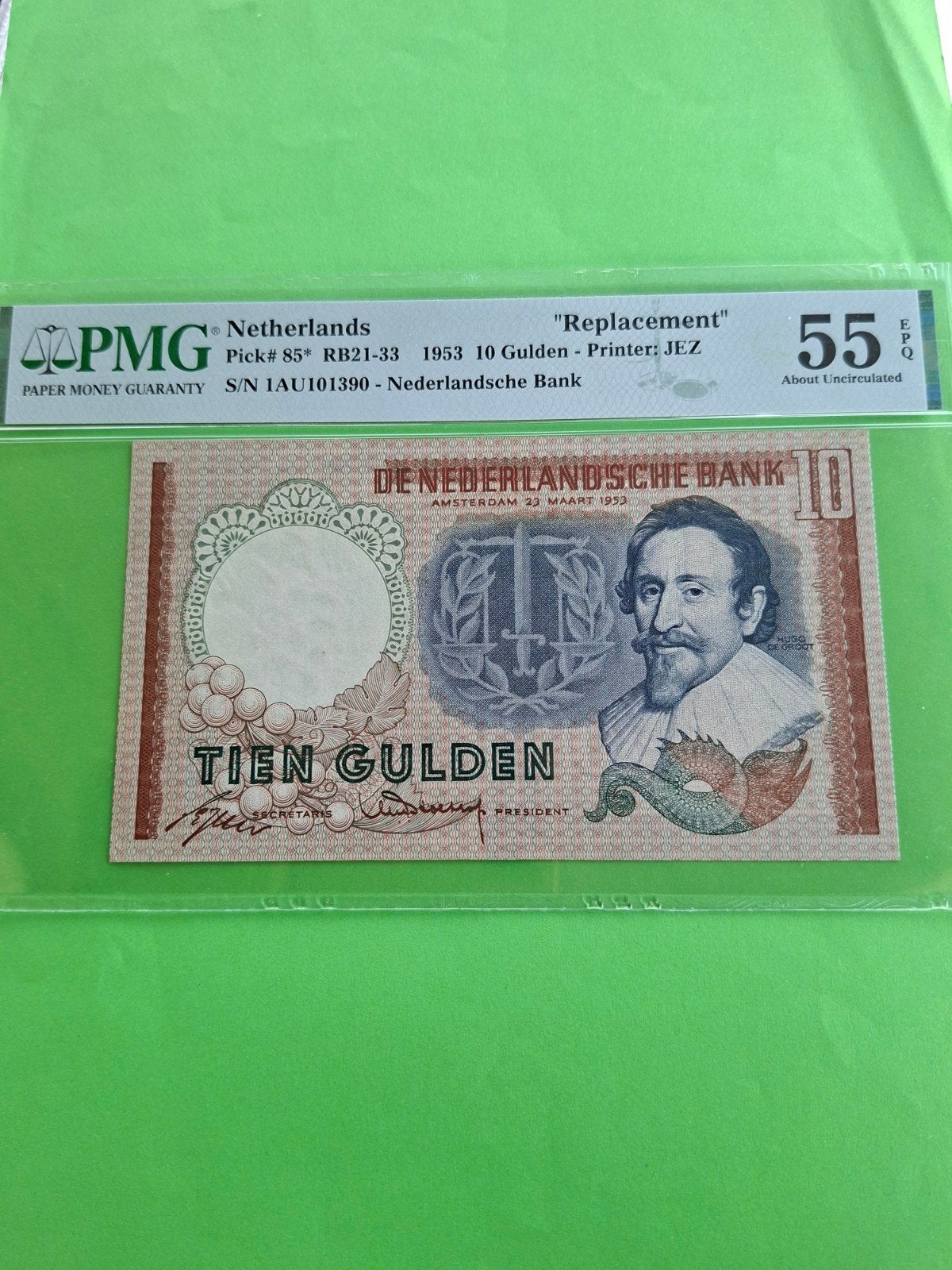 10 gulden Hugo de Groot Replacement gekeurd PMG 55, Postzegels en Munten, Bankbiljetten | Nederland, Ophalen of Verzenden, 10 gulden