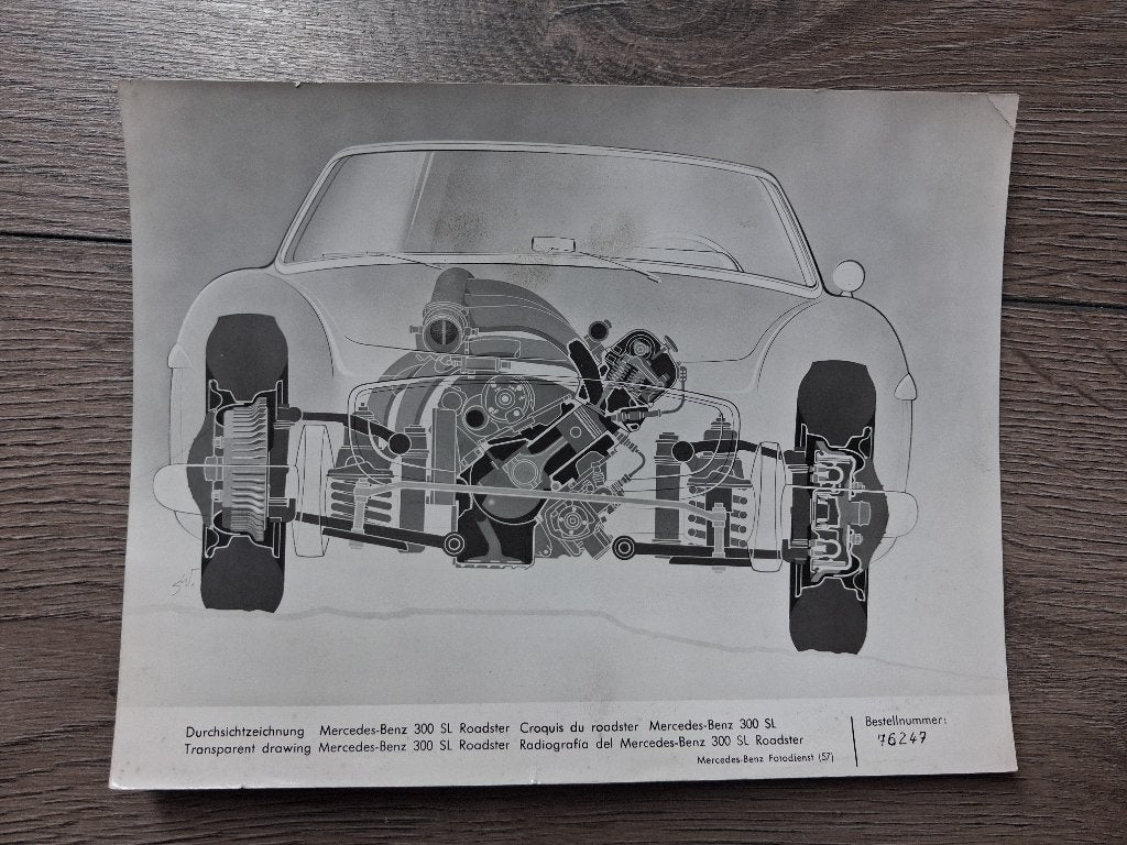 Mercedes 300 SL Roadster Persfoto/opengewerkte tekening '57, Boeken, Ophalen of Verzenden, Gelezen, Overige merken
