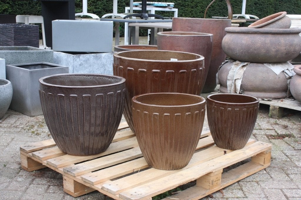 Geglazuurde aardewerk bloempotten bruin (4 maten) terras, Tuin en Terras, Ophalen, 40 cm of meer, Rond, Nieuw