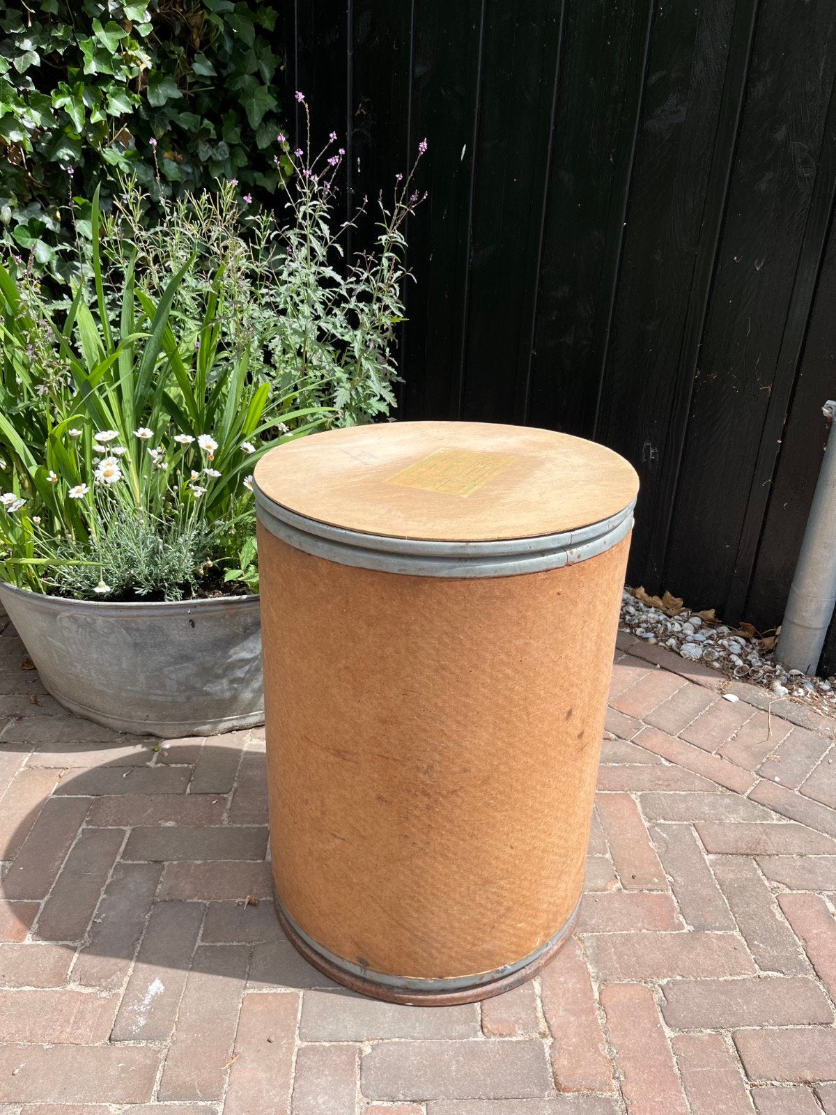 Vintage houten opbergton - ronde ton met deksel, Huis en Inrichting, Ophalen of Verzenden, 50 tot 100 cm, Minder dan 50 cm