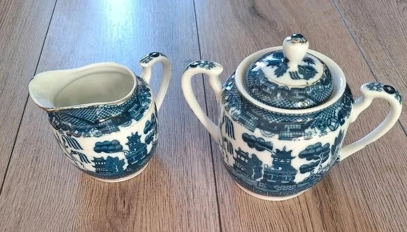 blauw wit suikerpot en melkkan set keramiek vintage, Ophalen of Verzenden