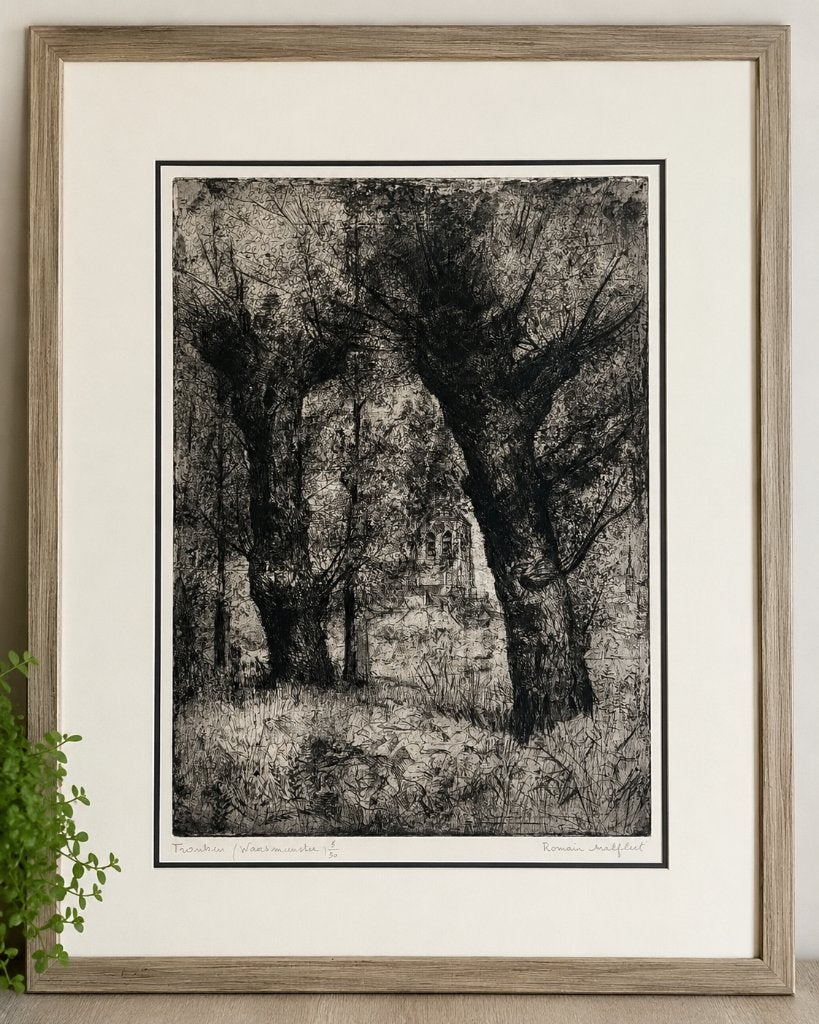 Romain Malfliet – originele ets "Trompen (Waasmunster)", Ophalen, 63 cm, Ets, Origineel
