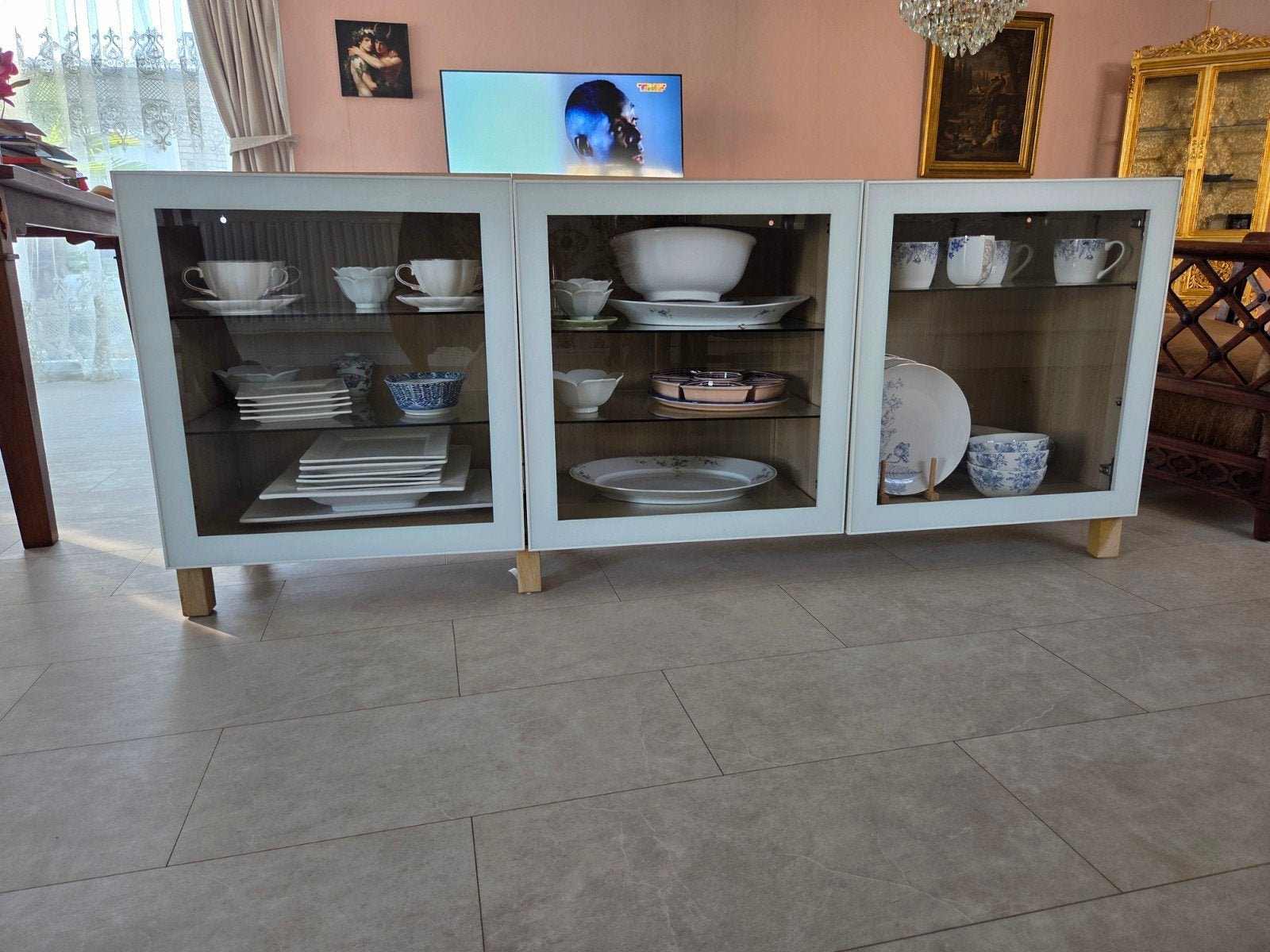 IKEA Bestå dressoir met Glåssvik deuren en glazen planken, Ophalen, Modern, Scandinavisch, Glas, 150 tot 200 cm