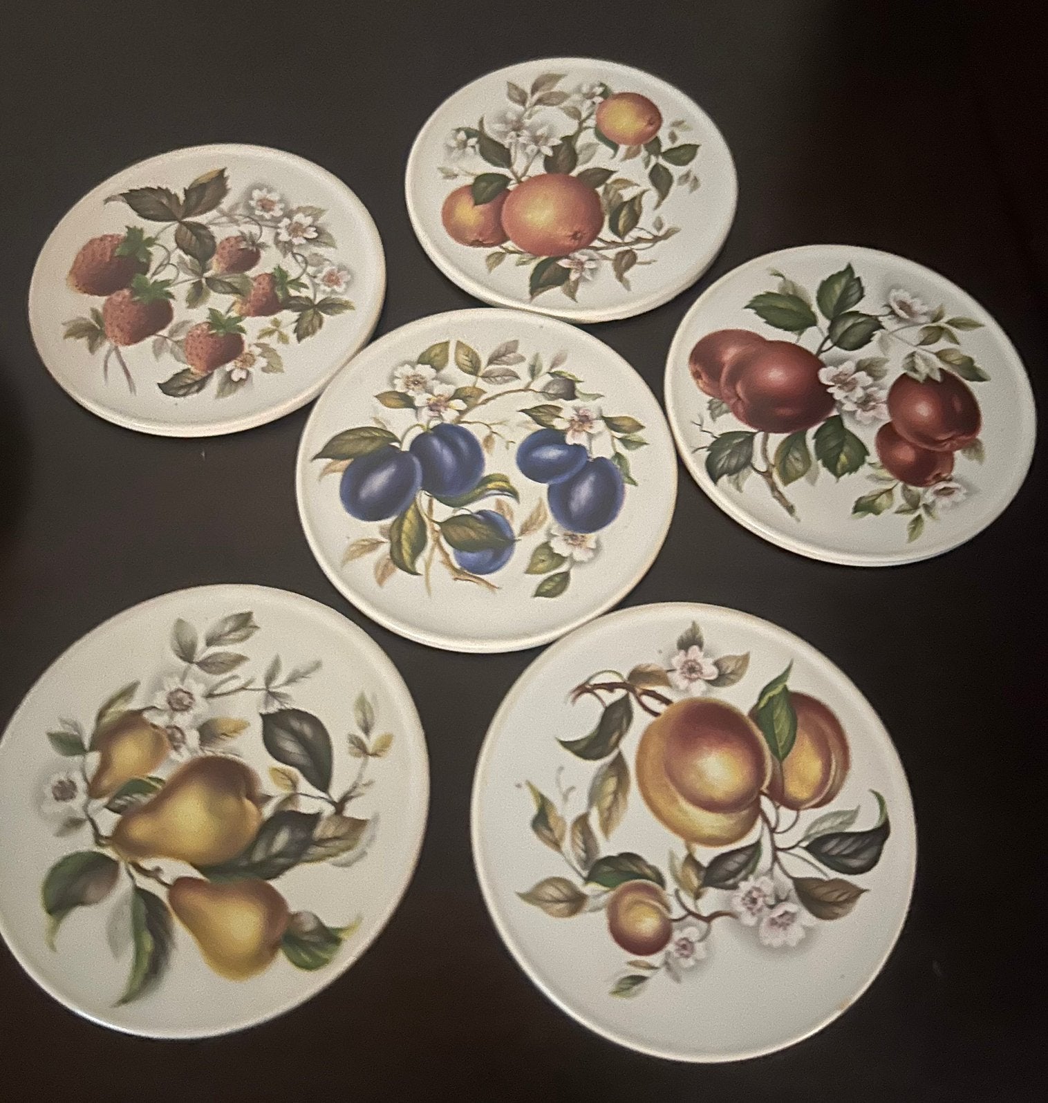 Set van 6 vintage onderzetters met fruitmotief, 1982, Antiek en Kunst, Antiek | Servies los, Ophalen