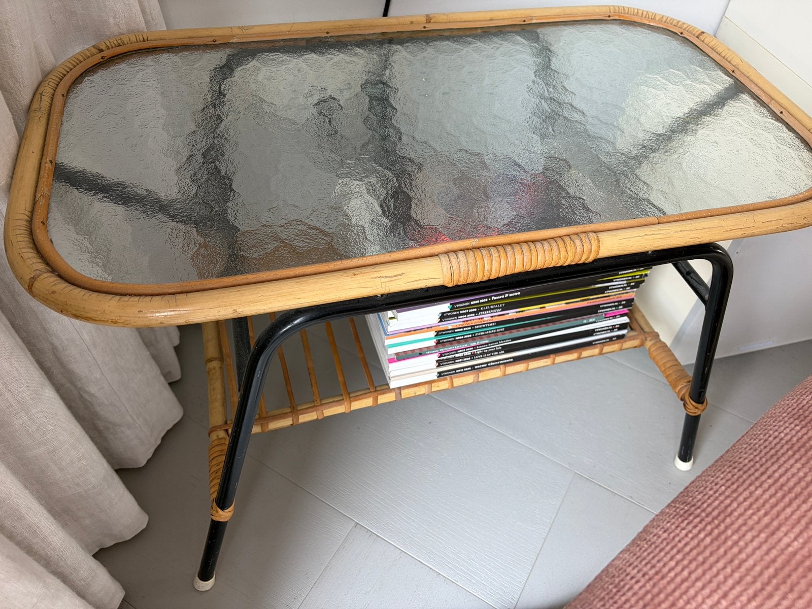 Vintage rohé salontafel rechthoek met wolkglas, Ophalen, Minder dan 50 cm, Gebruikt, 50 tot 100 cm