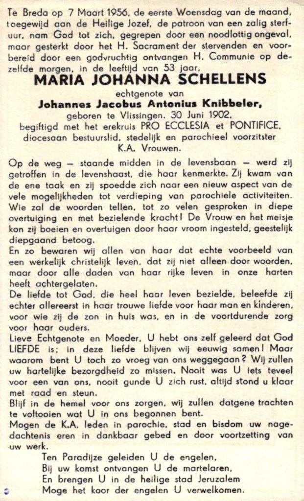Schellens Maria Johanna Vlissingen 1902-1956 Breda, Ophalen of Verzenden