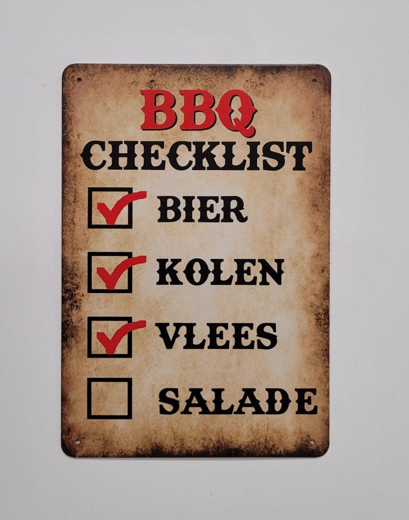 BBQ Checklist bier kolen vlees reclamebord van metaal deco, Info@deconoord.nl, Deco Noord, Nieuw, Ophalen of Verzenden