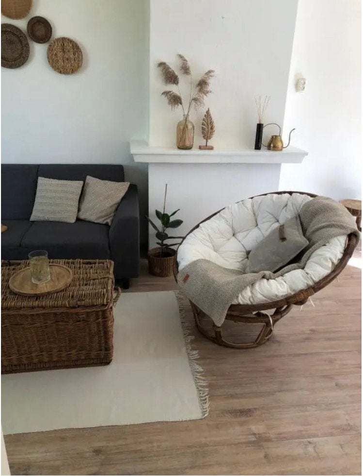 2x Papasan loungestoel rotan met kussen (crème & zwart), Ophalen, Twee, Overige kleuren, Zo goed als nieuw