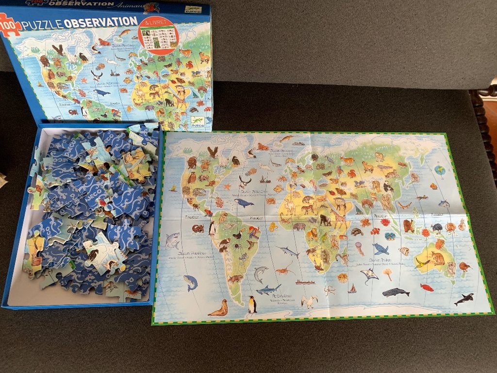 Djeco puzzel Dieren van de Wereld 100 stukjes compleet, Ophalen of Verzenden, Meer dan 50 stukjes, Zo goed als nieuw, 6 jaar of ouder