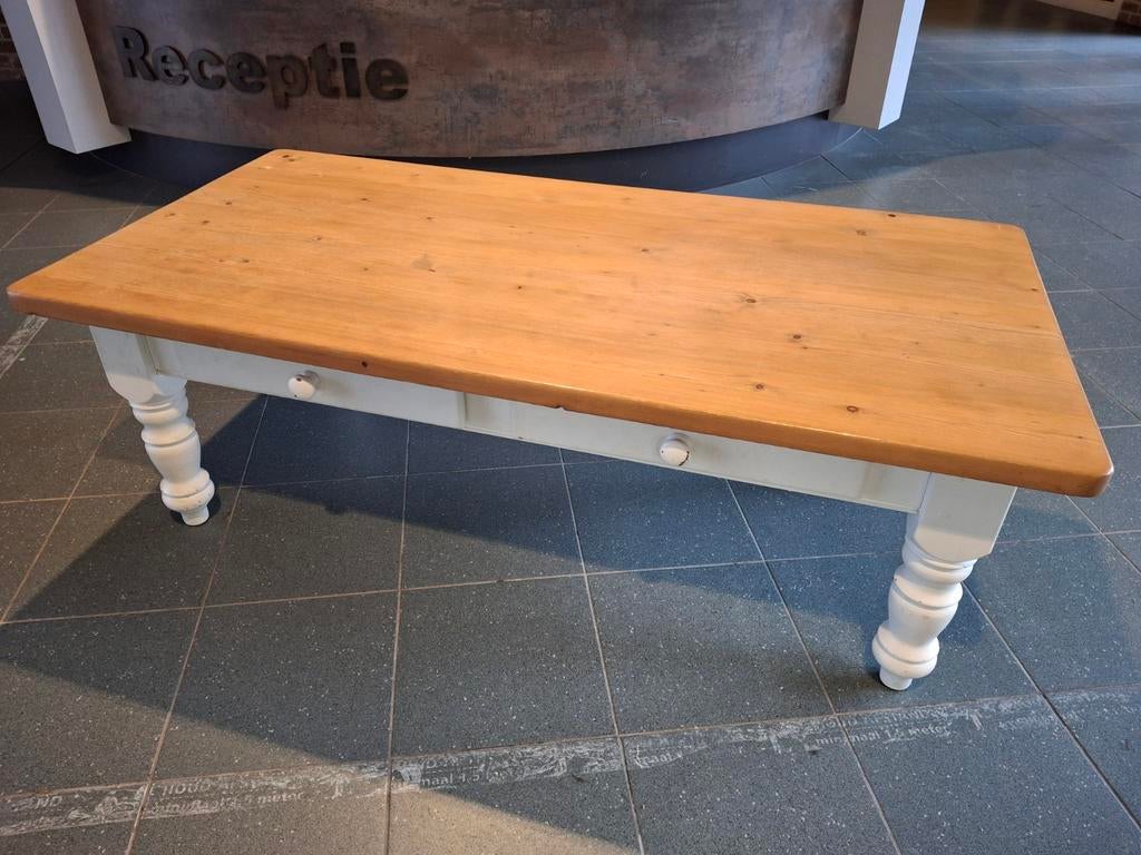 Massief Grenen Salontafel met 2 lades, Ophalen, Gebruikt, 100 tot 150 cm, 50 tot 100 cm