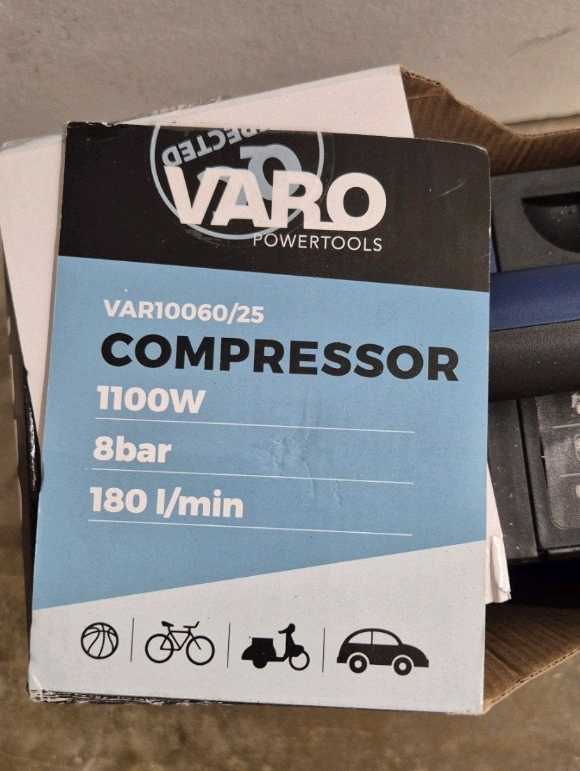 Varo Compressor VAR10060/25 - Olievrij en Compact, Doe-het-zelf en Verbouw, Ophalen, Gebruikt, 6 tot 10 bar, Minder dan 200 liter/min