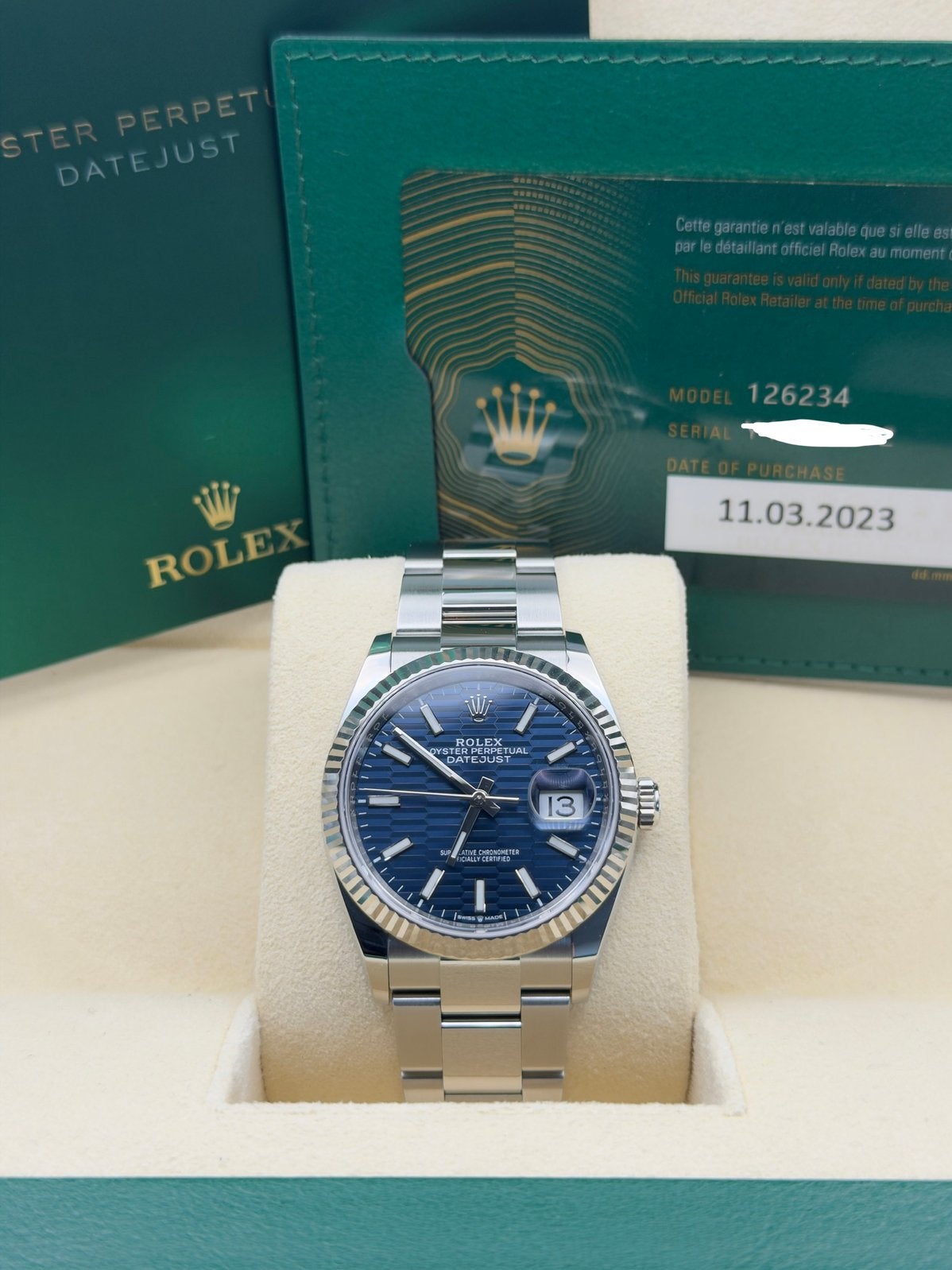 Rolex Datejust 36 – Blue Motif Dial – Ref. 126234 - 03/2023, Staal, Rolex, Polshorloge, Ophalen of Verzenden