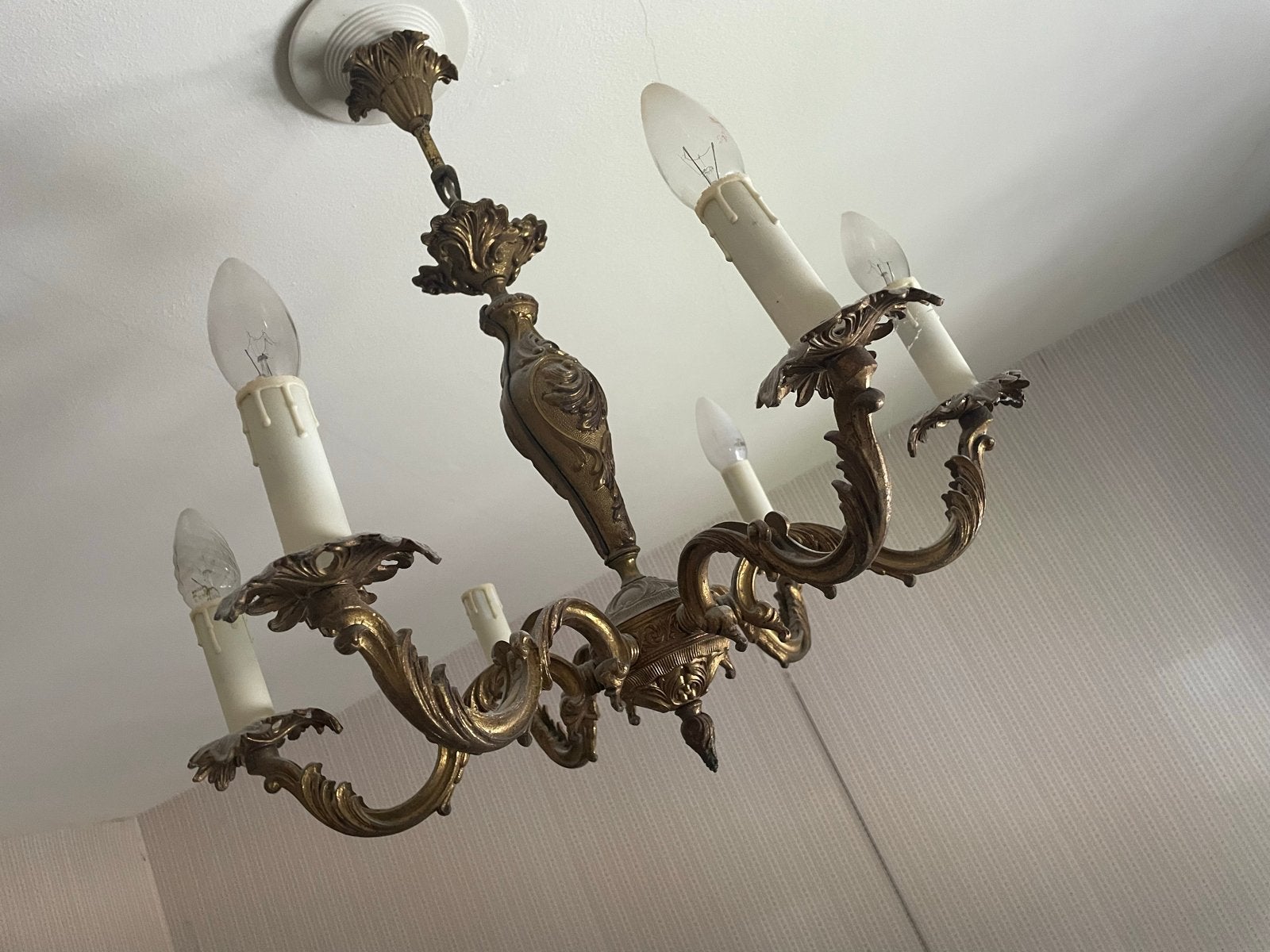 Antieke bronzen kroonluchter met 6 kaarslampen, Ophalen of Verzenden