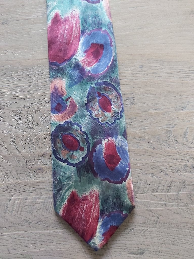 Stropdas 100% zijde, rood groen blauw beige mooi, Ophalen of Verzenden, Zo goed als nieuw, Overige kleuren, Met patroon