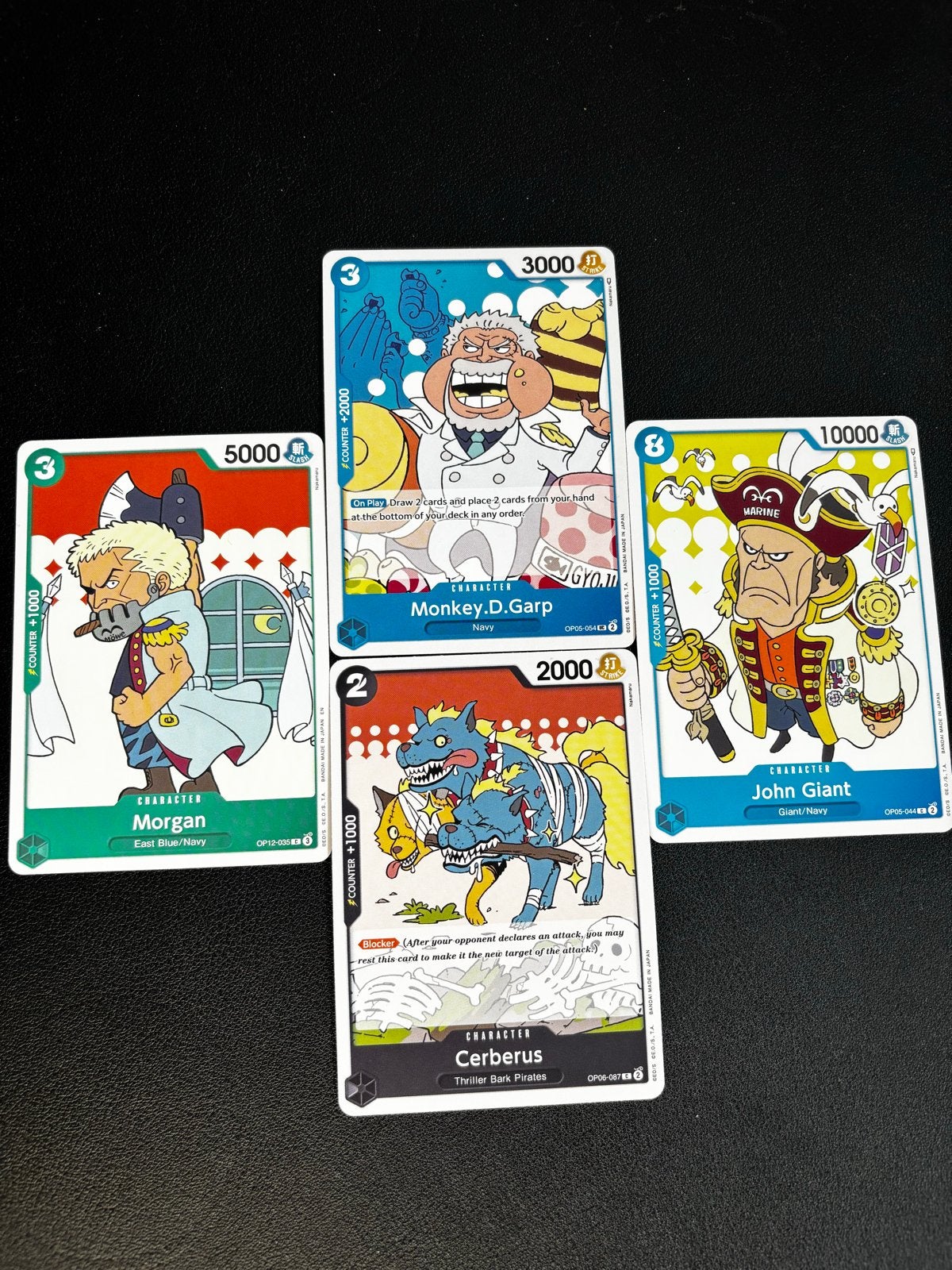 One Piece Kaarten Set: Morgan, Garp, Cerberus, John Giant, Ophalen of Verzenden, Zo goed als nieuw, Meerdere kaarten