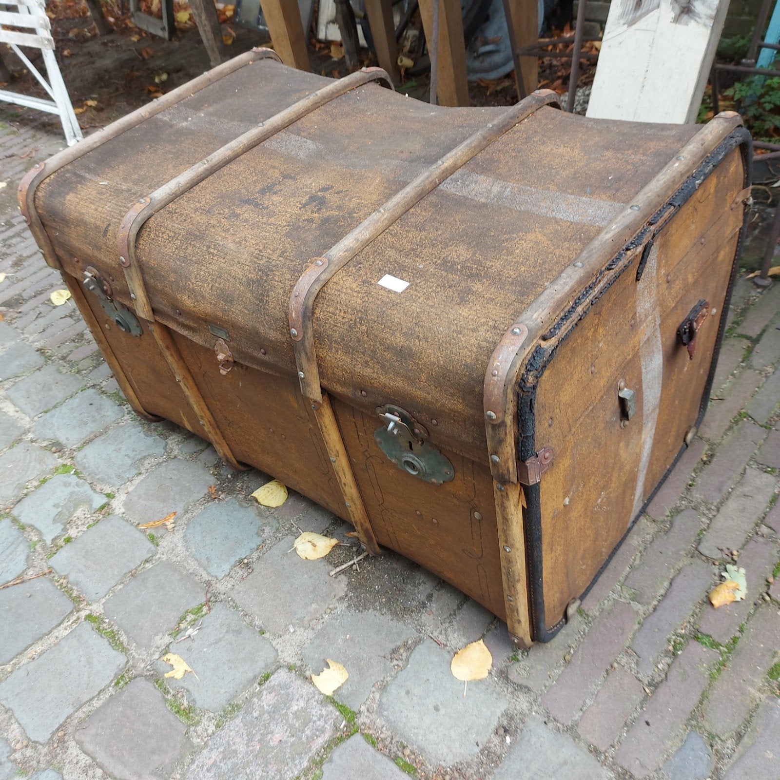 hutkoffer 1900 antiek hout bekleed reiskoffer, Antiek en Kunst, Ophalen