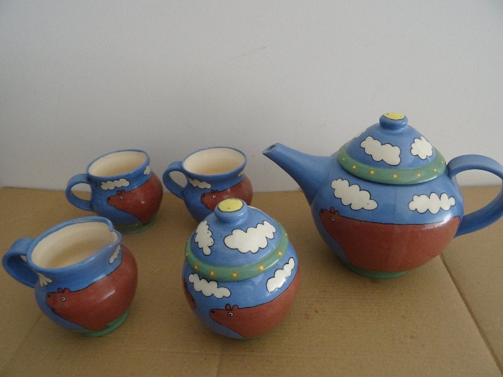 Louise Lovelace theeservies keramiek koe theepot roomstel, Antiek en Kunst, Meerkleurig, Handgemaakt, Ophalen of Verzenden, Steen/keramiek