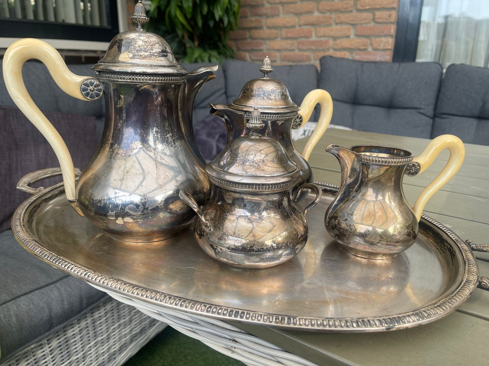 Antiek WMF verzilverd koffie-/theeservies met dienblad, Antiek en Kunst, Ophalen, Zilver