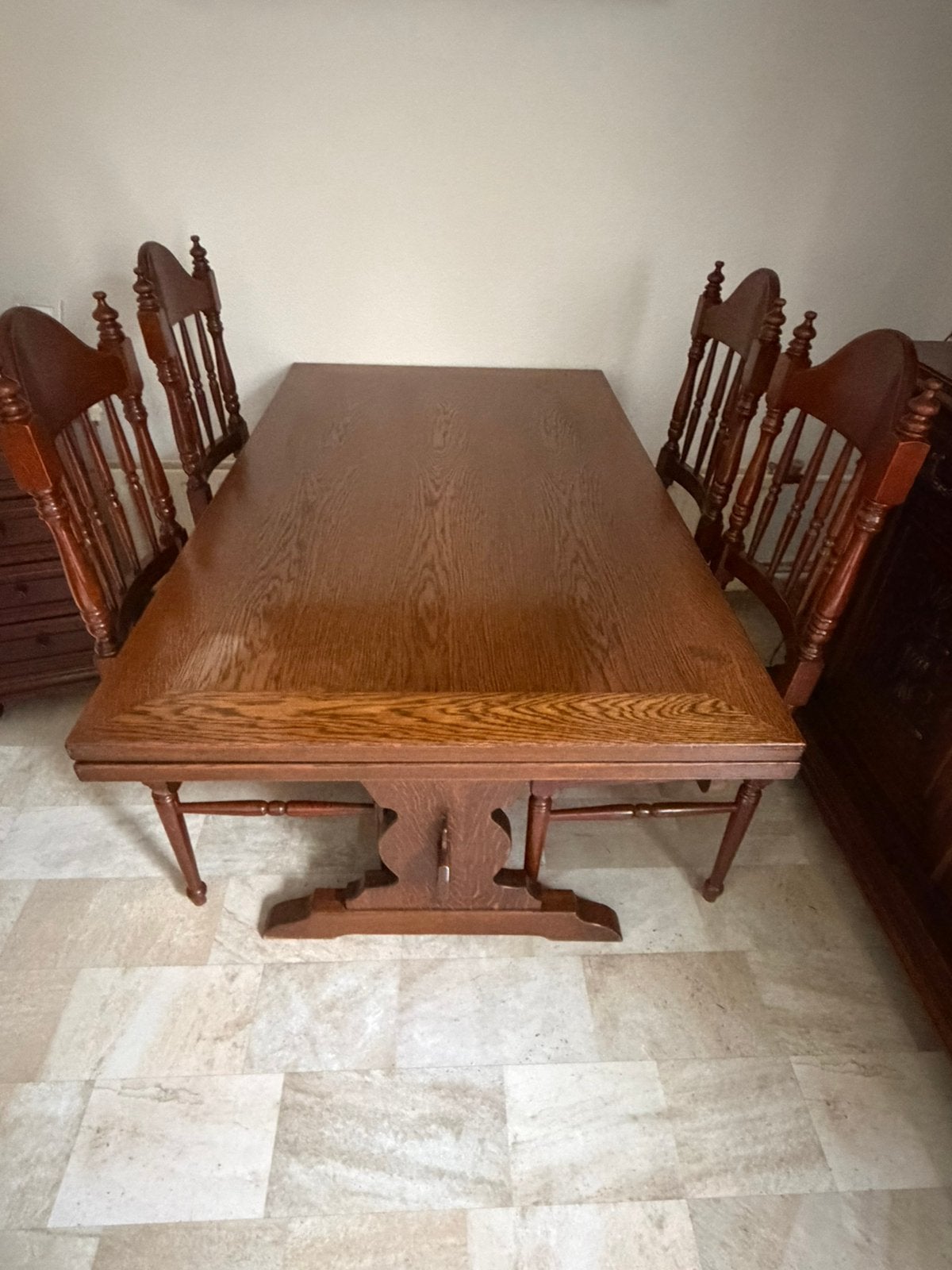 Zwaar eikenhouten eetkamertafel & 4 stoelen, Huis en Inrichting, Ophalen, Gebruikt, 4 tot 6 stoelen