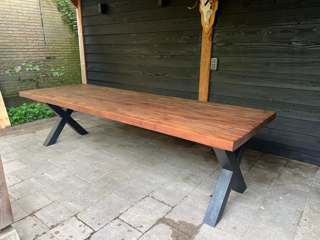Robuuste houten buitentafel met stalen X-poten - 300x100cm, Ophalen, Gebruikt, Rechthoekig, Hout