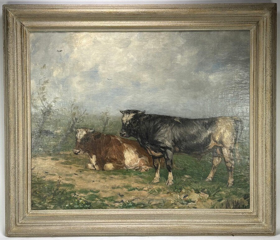 199. Olieverfschilderij – koe en stier, 19e eeuw, Antiek en Kunst, Ophalen