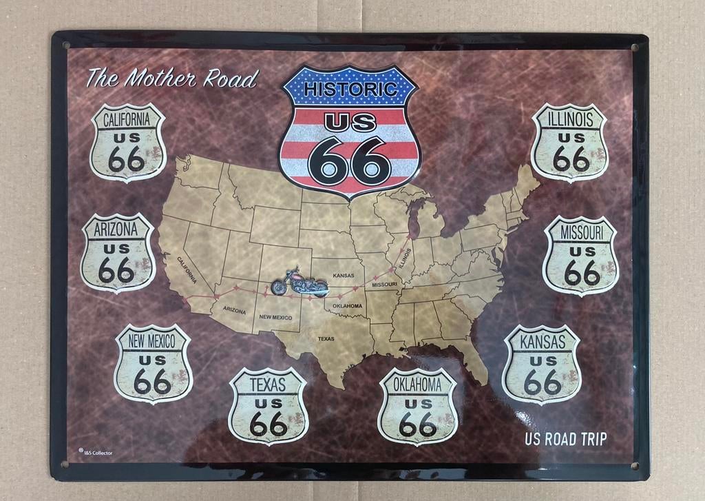 Landkaart usa vs Amerika Route 66 plattegrond wandbord, Ophalen of Verzenden, Nieuw, Reclamebord