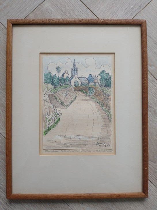 Bob Lokhorst Pentekening 1967 - Plourhan, Bretagne, Verzenden, Ingelijst