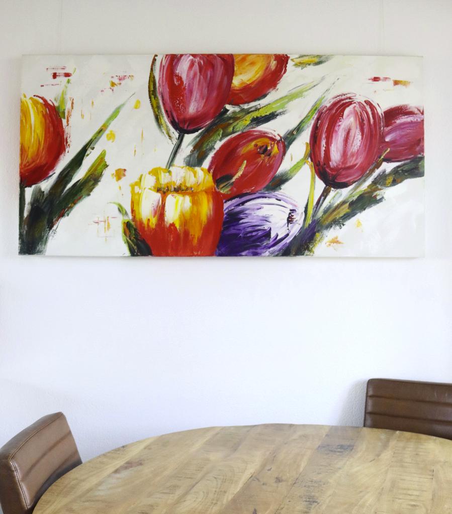 Groot kleurrijk tulpen schilderij (150 cm x 75 cm), Ophalen