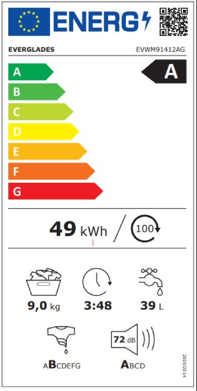 Everglades wasmachine EVWM91412AG - Titanium Grijs, 1200 tot 1600 toeren, Energieklasse A of zuiniger, 8 tot 10 kg, Nieuw