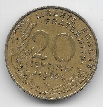 Frankrijk 20 centimes 1962 KM# 930, Ophalen of Verzenden, Frankrijk, Losse munt