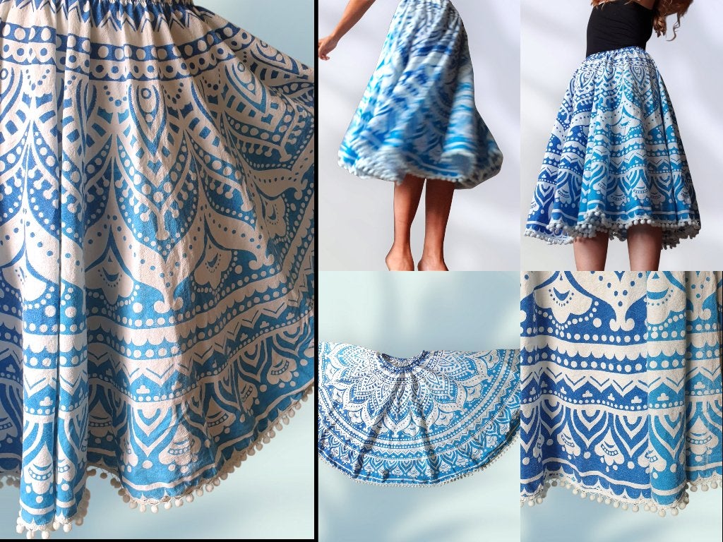 Blauw witte Ibiza boho rok hergebruikt materiaal handgemaakt, Kleding | Dames, -, Blauw, Handgemaakt, -