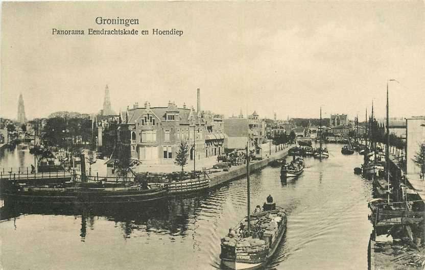 300-218-033 Groningen Panorama Eendrachtskade en Hoendiep, Verzenden, Voor 1920, Groningen