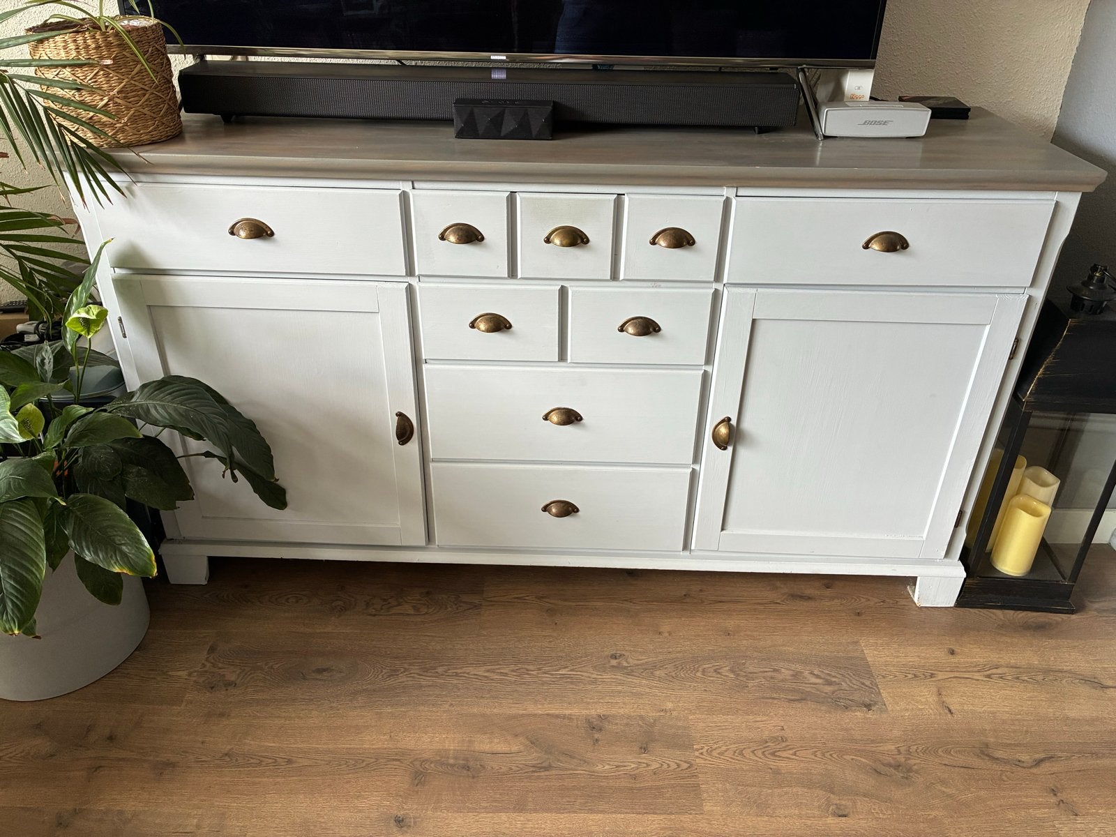 Dressoir met lades en deuren - grijs met houtnerf, Ophalen, Gebruikt, 150 tot 200 cm, Met lade(s)